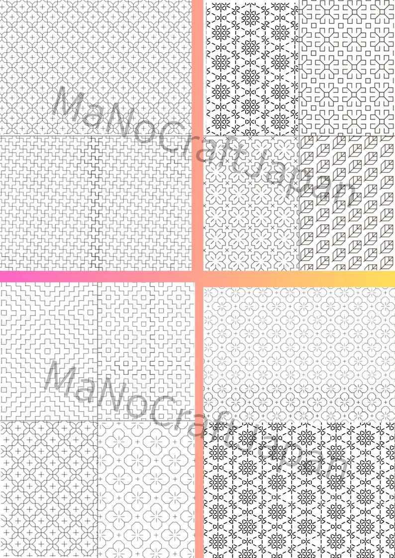 K&ouml;nnte beinhalten: Eine Sammlung von acht verschiedenen schwarz-wei&szlig;en geometrischen Mustern, die in einem Raster angeordnet sind und komplizierte Linienf&uuml;hrungen, florale Motive und sich wiederholende Formen aufweisen. Der Text MaNoCraftJapan liegt &uuml;ber dem Bild.