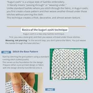 May include: Diagram illustrating the Kuguri-Zashi technique, a Sashiko embroidery style. The image shows step-by-step instructions, including stitching a base pattern and weaving a thread. Text explains the process and the resulting woven texture.