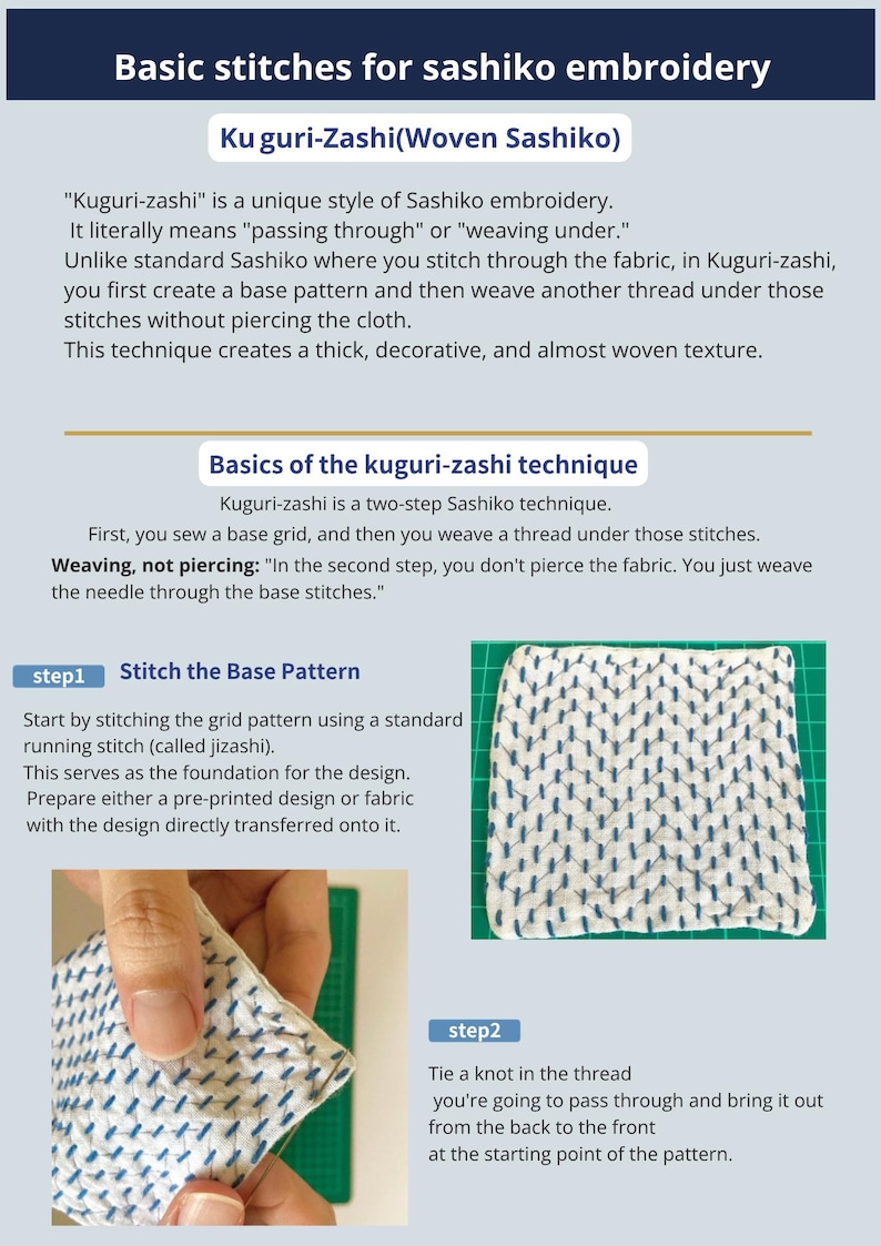 May include: Diagram illustrating the Kuguri-Zashi technique, a Sashiko embroidery style. The image shows step-by-step instructions, including stitching a base pattern and weaving a thread. Text explains the process and the resulting woven texture.
