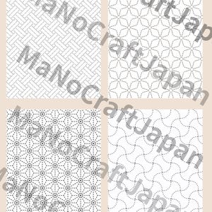 May include: Four square panels featuring distinct black geometric patterns on a white background. The designs include a basket weave, a star motif, a dense hexagonal grid, and a repeating wave pattern, all overlaid with the text MaNoCraftJapan.