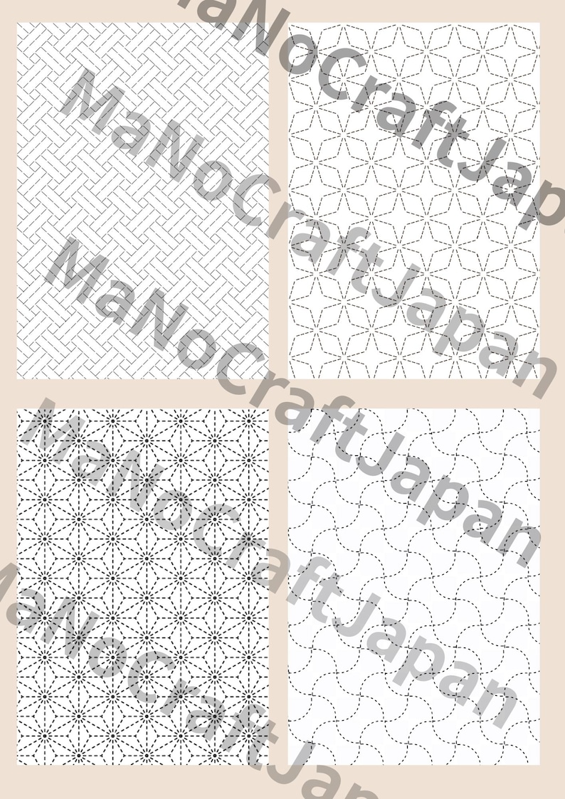 May include: Four square panels featuring distinct black geometric patterns on a white background. The designs include a basket weave, a star motif, a dense hexagonal grid, and a repeating wave pattern, all overlaid with the text MaNoCraftJapan.