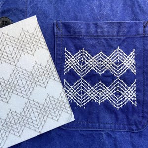May include: A close-up shot of a blue denim jacket with a pocket decorated with white geometric embroidery. A white card with a matching geometric pattern is placed beside the jacket. The jacket has a black button.