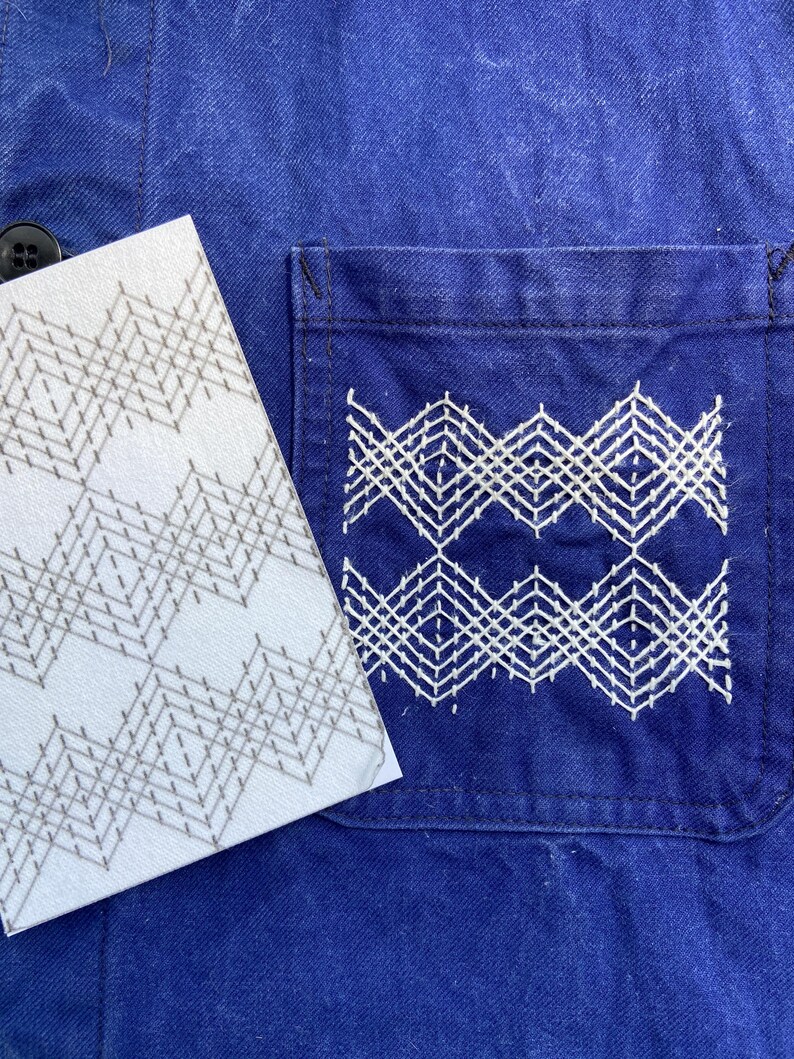 May include: A close-up shot of a blue denim jacket with a pocket decorated with white geometric embroidery. A white card with a matching geometric pattern is placed beside the jacket. The jacket has a black button.