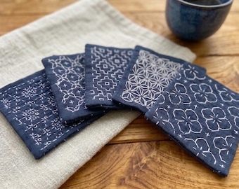 Sashiko Sampler & Coaster Kit, 6 Hitomezashi Muster, Stickstich, Japanische Einstich-Stickerei-Starter-Set, Daruma Garn