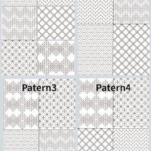 May include: A grid of four sections, each showing a different pattern. The patterns consist of geometric shapes and lines, with the text "Pattern1", "Pattern2", "Pattern3", and "Pattern4" labelling each section. The designs are in shades of brown and white.