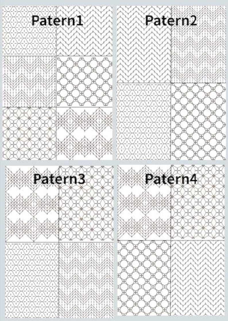 May include: A grid of four sections, each showing a different pattern. The patterns consist of geometric shapes and lines, with the text "Pattern1", "Pattern2", "Pattern3", and "Pattern4" labelling each section. The designs are in shades of brown and white.