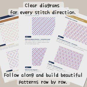 May include: Diagrams for stitch direction, with text: "Clear diagrams for every stitch direction. Follow along and build beautiful patterns row by row." The diagrams show cross-stitch patterns with blue and red lines.