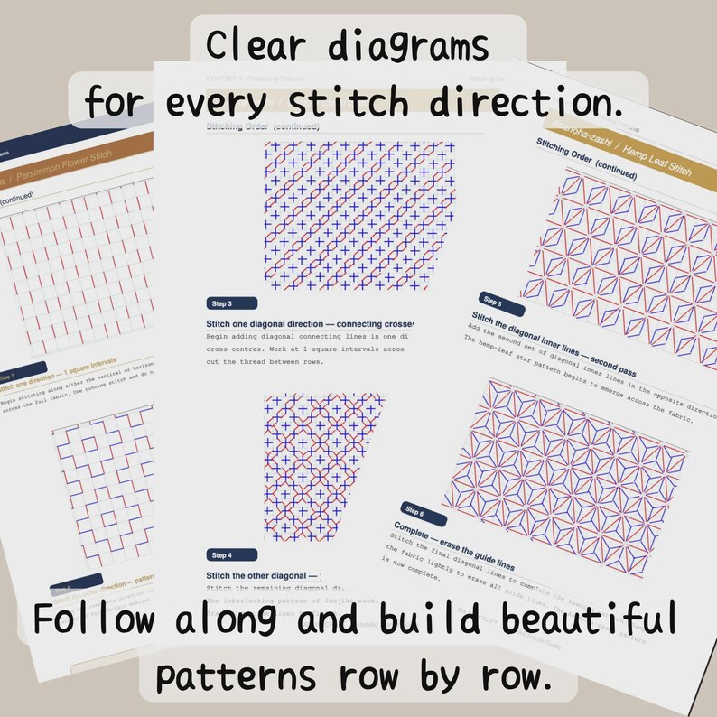 May include: Diagrams for stitch direction, with text: "Clear diagrams for every stitch direction. Follow along and build beautiful patterns row by row." The diagrams show cross-stitch patterns with blue and red lines.