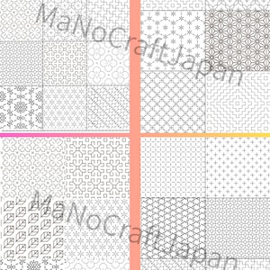 K&ouml;nnte beinhalten: Eine Sammlung von vierundzwanzig quadratischen Feldern mit verschiedenen schwarz-wei&szlig;en geometrischen Mustern, darunter Stern-, Kreuz- und Gittermotive. Der Text MaNoCraftJapan ist in hellgrauer Schrift &uuml;ber die Bildmitte gelegt.