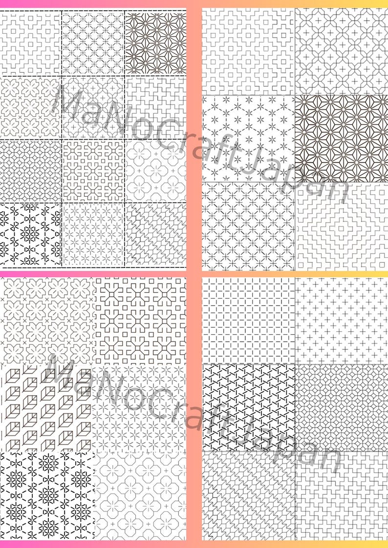 K&ouml;nnte beinhalten: Eine Sammlung von vierundzwanzig quadratischen Feldern mit verschiedenen schwarz-wei&szlig;en geometrischen Mustern, darunter Stern-, Kreuz- und Gittermotive. Der Text MaNoCraftJapan ist in hellgrauer Schrift &uuml;ber die Bildmitte gelegt.