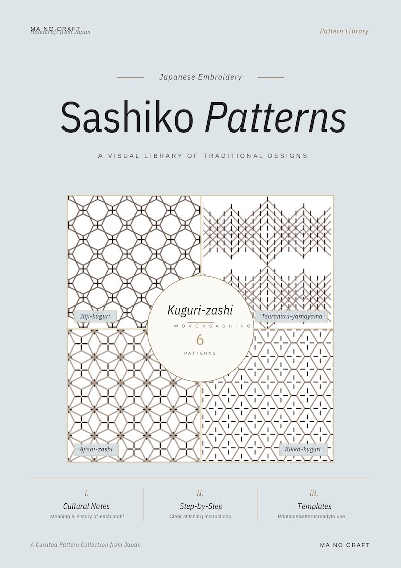 May include: A light blue cover with the title "Sashiko Patterns" and the text "Japanese Embroidery". The cover features six traditional Sashiko patterns, with the words "Kuguri-zashi" and "6 Patterns" in a circle.