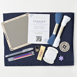 Sashiko Starter Kit for Beginners | Grid & Pattern Stencils, Daruma Thread, Needles, Indigo Fabric, Eco PLA Tools + Guide