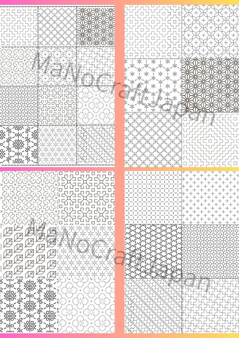K&ouml;nnte beinhalten: Eine Sammlung von vierundzwanzig quadratischen Feldern mit verschiedenen schwarz-wei&szlig;en geometrischen Mustern, darunter Sternmuster, Kreuze und florale Motive. Der Text MaNoCraftJapan ist &uuml;ber die Mitte des Rasters mit sich wiederholenden Designs gelegt.