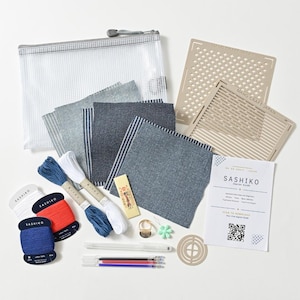 Sashiko Kit for Beginners, Complete Japanese Embroidery Starter Set, Stencils Needles Thread Denim Fabric, Made in Japan