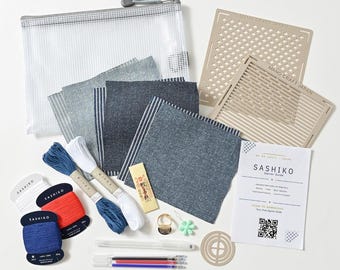 Sashiko Kit for Beginners, Complete Japanese Embroidery Starter Set, Stencils Needles Thread Denim Fabric, Made in Japan