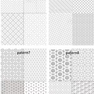 以下が含まれることがあります： patern5、patern6、patern7、patern8とラベル付けされた8つの異なる白黒の幾何学模様のグリッド。各セクションには、正方形、花、星、葉のようなモチーフなど、線画スタイルで描かれたユニークな繰り返しデザインが表示されています。