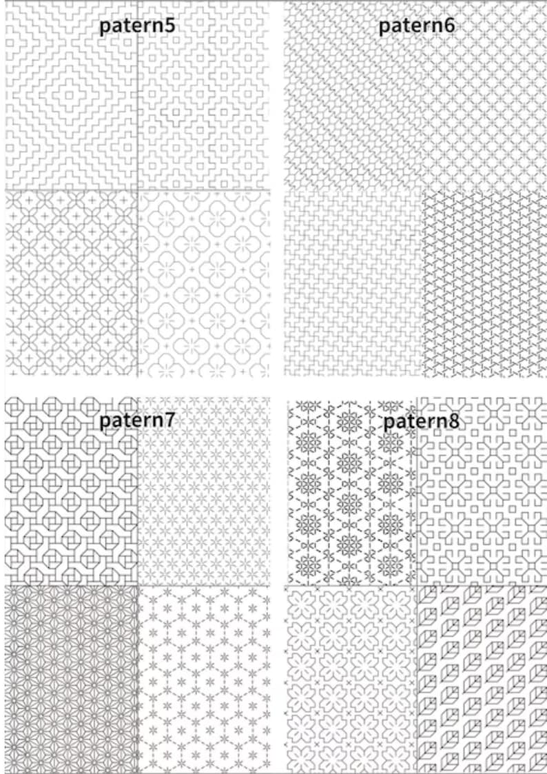 以下が含まれることがあります： patern5、patern6、patern7、patern8とラベル付けされた8つの異なる白黒の幾何学模様のグリッド。各セクションには、正方形、花、星、葉のようなモチーフなど、線画スタイルで描かれたユニークな繰り返しデザインが表示されています。