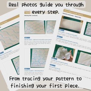 May include: A collection of instructional pages with text and diagrams, guiding through a sewing project. The pages show step-by-step instructions with the text "Real photos guide you through every step." The text "From tracing your pattern to finishing your first piece" is also visible.