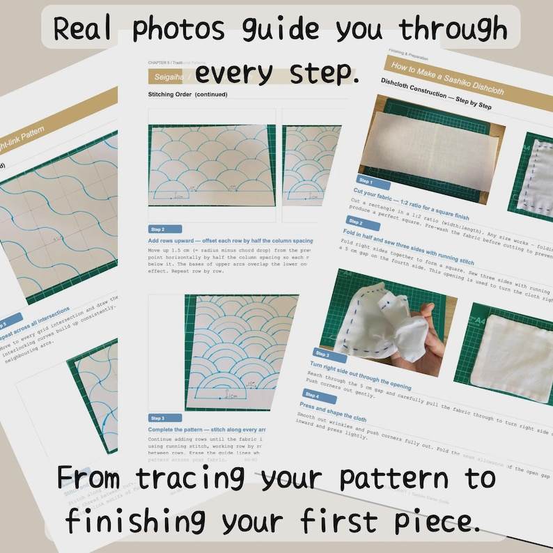 May include: A collection of instructional pages with text and diagrams, guiding through a sewing project. The pages show step-by-step instructions with the text "Real photos guide you through every step." The text "From tracing your pattern to finishing your first piece" is also visible.