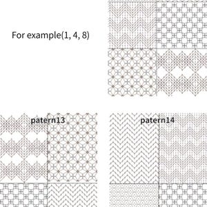 以下が含まれることがあります： For example(1, 4, 8)、patern12、patern13、patern14というテキストが記載された、12種類の白黒の幾何学模様のグリッド。デザインには、繰り返し線、ジグザグ、ダイヤモンド、クロスハッチのモチーフが正方形のレイアウトで配置されています。