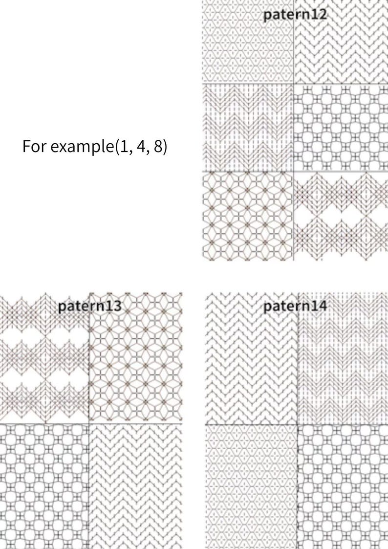 以下が含まれることがあります： For example(1, 4, 8)、patern12、patern13、patern14というテキストが記載された、12種類の白黒の幾何学模様のグリッド。デザインには、繰り返し線、ジグザグ、ダイヤモンド、クロスハッチのモチーフが正方形のレイアウトで配置されています。