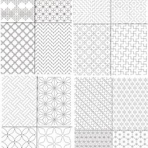 K&ouml;nnte beinhalten: Eine Sammlung von sechzehn verschiedenen schwarz-wei&szlig;en geometrischen Mustern, die in einem Raster angeordnet sind. Jedes Quadrat zeigt komplexe, sich wiederholende linienbasierte Designs, darunter Zickzacklinien, Kreise, Sterne, Kreuze und gewebte Texturen.