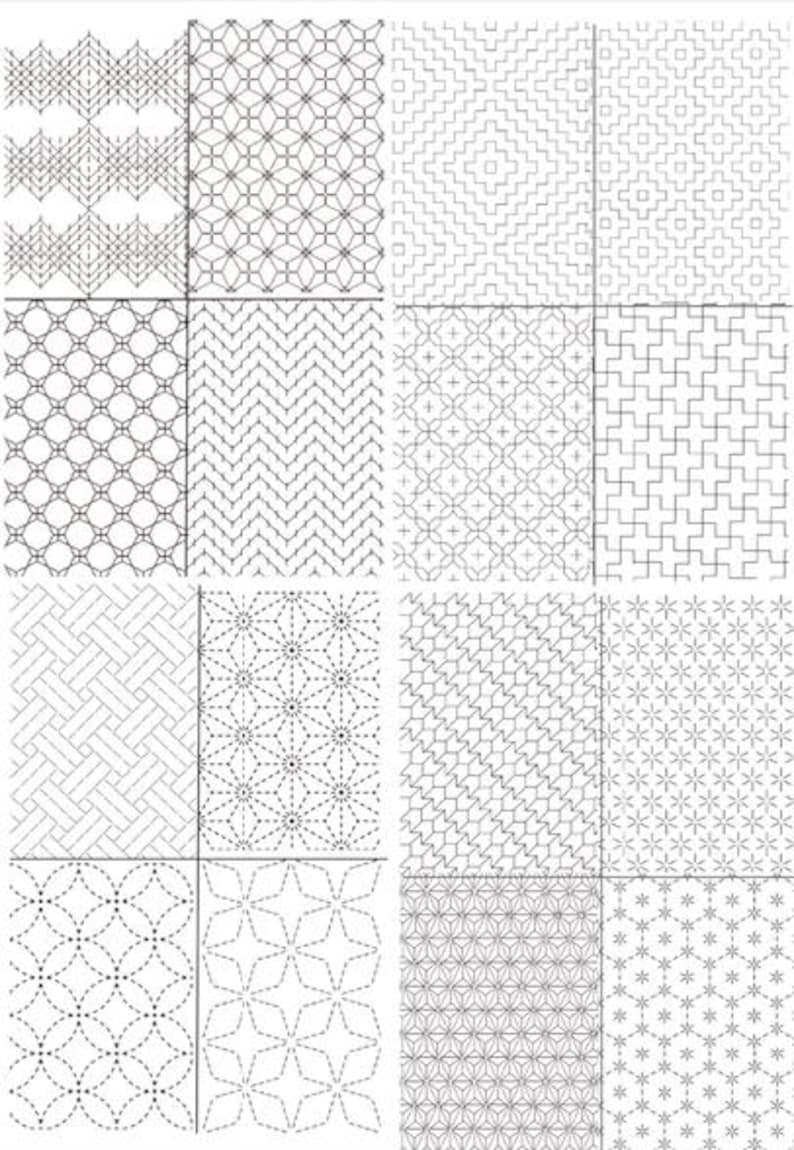 K&ouml;nnte beinhalten: Eine Sammlung von sechzehn verschiedenen schwarz-wei&szlig;en geometrischen Mustern, die in einem Raster angeordnet sind. Jedes Quadrat zeigt komplexe, sich wiederholende linienbasierte Designs, darunter Zickzacklinien, Kreise, Sterne, Kreuze und gewebte Texturen.