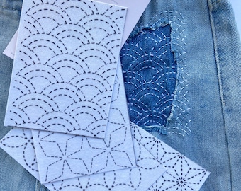 Sashiko Stick and Stitch Sheet | Moyo-zashi Pictorial Pattern | Water Soluble Embroidery Transfer A4 |Seigaiha Asanoha Shippo Made in Japan