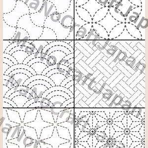 May include: A grid of six distinct white fabric panels featuring black dashed-line embroidery patterns. The designs include interlocking circles, wave-like arcs, woven basket-weave textures, star shapes, and geometric floral motifs with central dots.