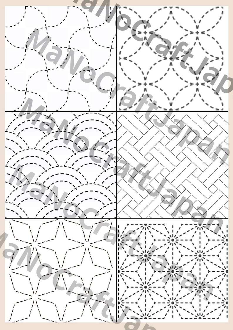 May include: A grid of six distinct white fabric panels featuring black dashed-line embroidery patterns. The designs include interlocking circles, wave-like arcs, woven basket-weave textures, star shapes, and geometric floral motifs with central dots.