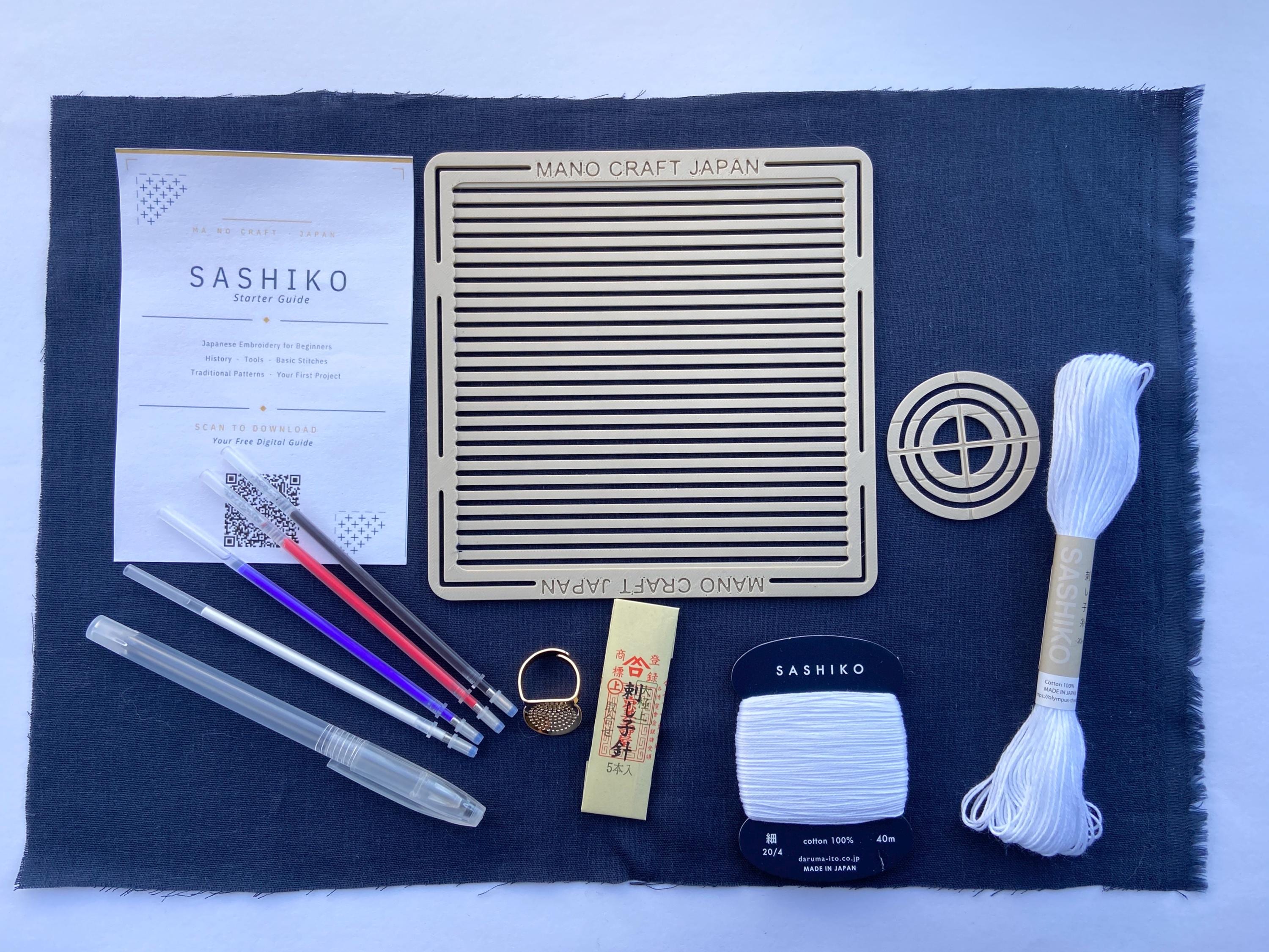 Sashiko Starter Kit for Beginners Grid & Pattern Stencils, Daruma Thread, Needles, Indigo Fabric, Eco PLA Tools + Guide