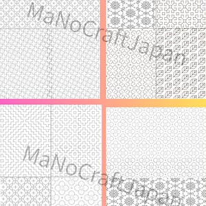K&ouml;nnte beinhalten: Eine Sammlung von acht verschiedenen schwarz-wei&szlig;en geometrischen Mustern, die in einem Raster angeordnet sind und sich wiederholende Motive wie Kreuze, Blumenformen und Blattumrisse zeigen. Der Text MaNoCraftJapan ist mittig &uuml;ber das Bild gelegt.
