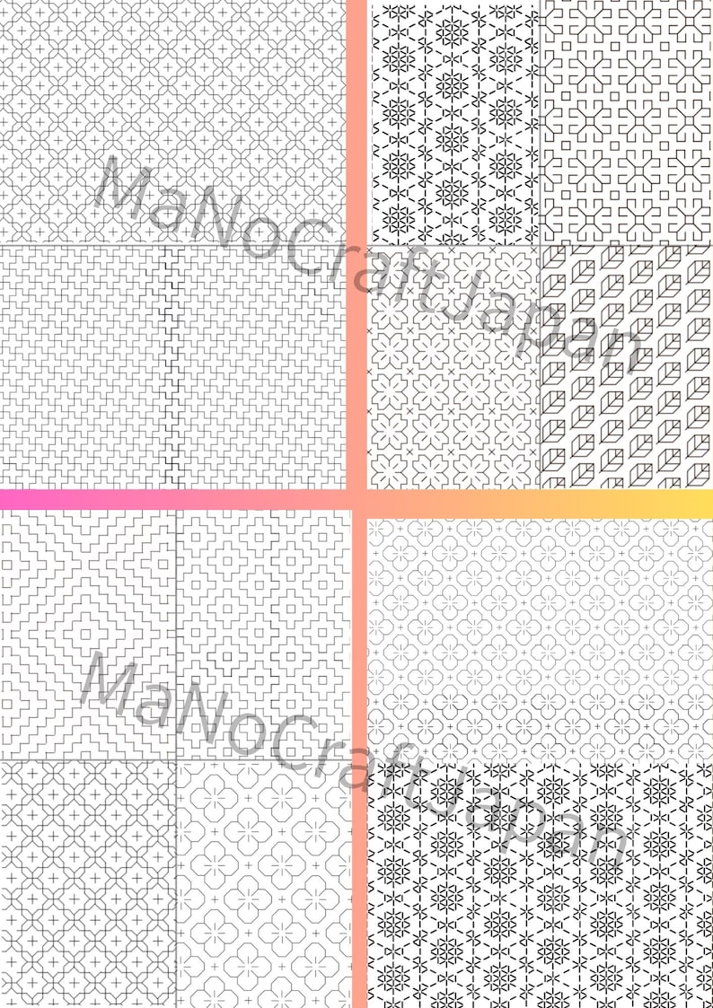 K&ouml;nnte beinhalten: Eine Sammlung von acht verschiedenen schwarz-wei&szlig;en geometrischen Mustern, die in einem Raster angeordnet sind und sich wiederholende Motive wie Kreuze, Blumenformen und Blattumrisse zeigen. Der Text MaNoCraftJapan ist mittig &uuml;ber das Bild gelegt.