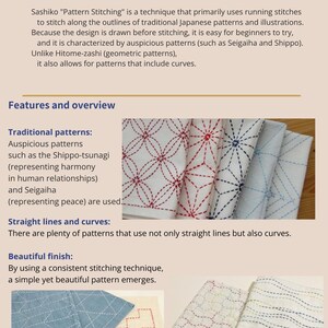 May include: An educational infographic titled Basic stitches for sashiko embroidery, featuring text explanations and three photographs of fabric samples with red, blue, and green running stitch patterns including geometric and curved designs.