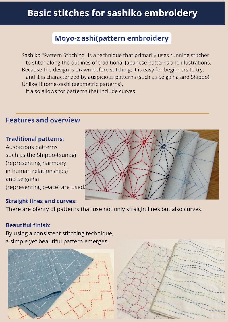 May include: An educational infographic titled Basic stitches for sashiko embroidery, featuring text explanations and three photographs of fabric samples with red, blue, and green running stitch patterns including geometric and curved designs.