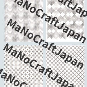 May include: Four patterned designs on white backgrounds. The patterns include chevron, geometric shapes, and circles, all in a brown color. The text "MaNoCraftJapan" is overlaid on the image.
