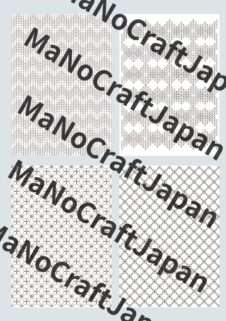 May include: Four patterned designs on white backgrounds. The patterns include chevron, geometric shapes, and circles, all in a brown color. The text "MaNoCraftJapan" is overlaid on the image.