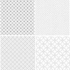 K&ouml;nnte beinhalten: Eine Sammlung von vier verschiedenen schwarz-wei&szlig;en geometrischen Mustern, die in einem Raster angeordnet sind. Die Designs zeigen sich wiederholende lineare Motive, darunter verbundene Rauten, gestufte Quadrate, kleine Kreuze und vierzackige Sterne.
