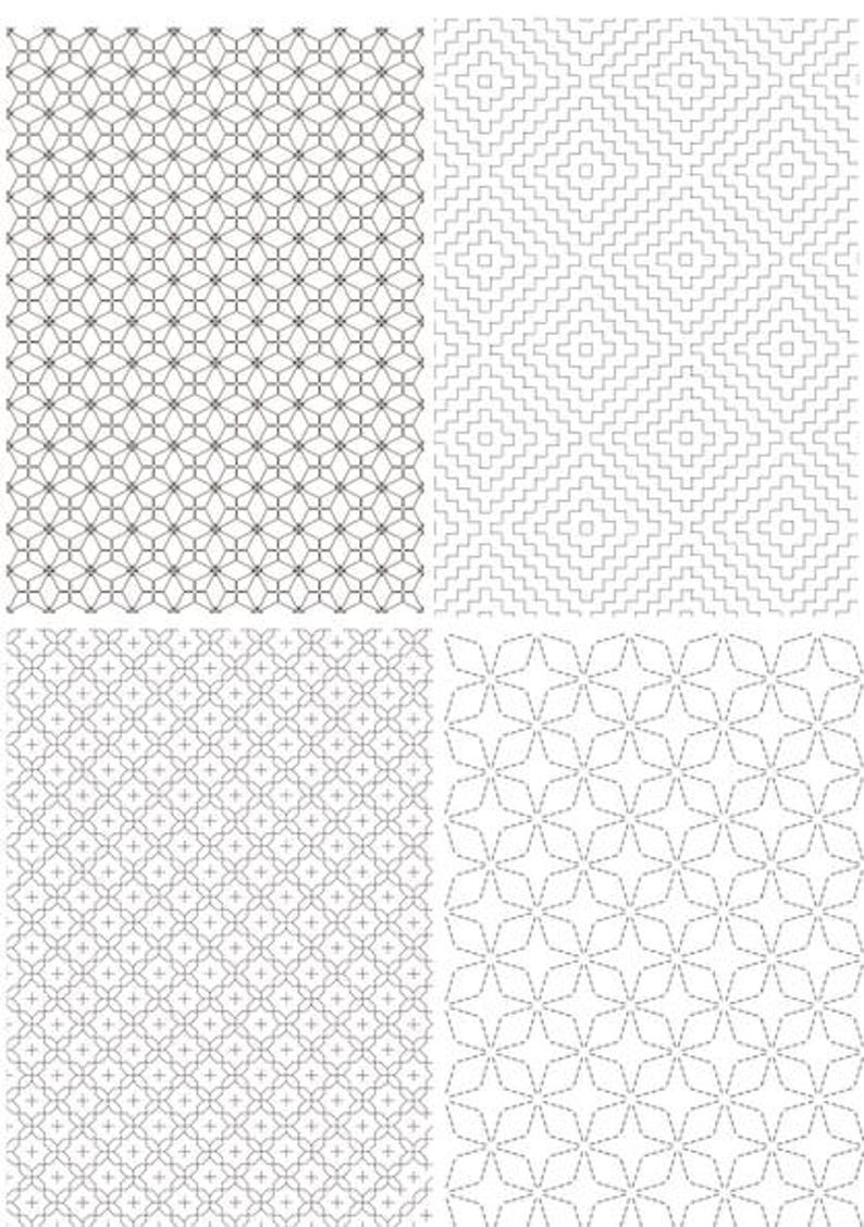 K&ouml;nnte beinhalten: Eine Sammlung von vier verschiedenen schwarz-wei&szlig;en geometrischen Mustern, die in einem Raster angeordnet sind. Die Designs zeigen sich wiederholende lineare Motive, darunter verbundene Rauten, gestufte Quadrate, kleine Kreuze und vierzackige Sterne.