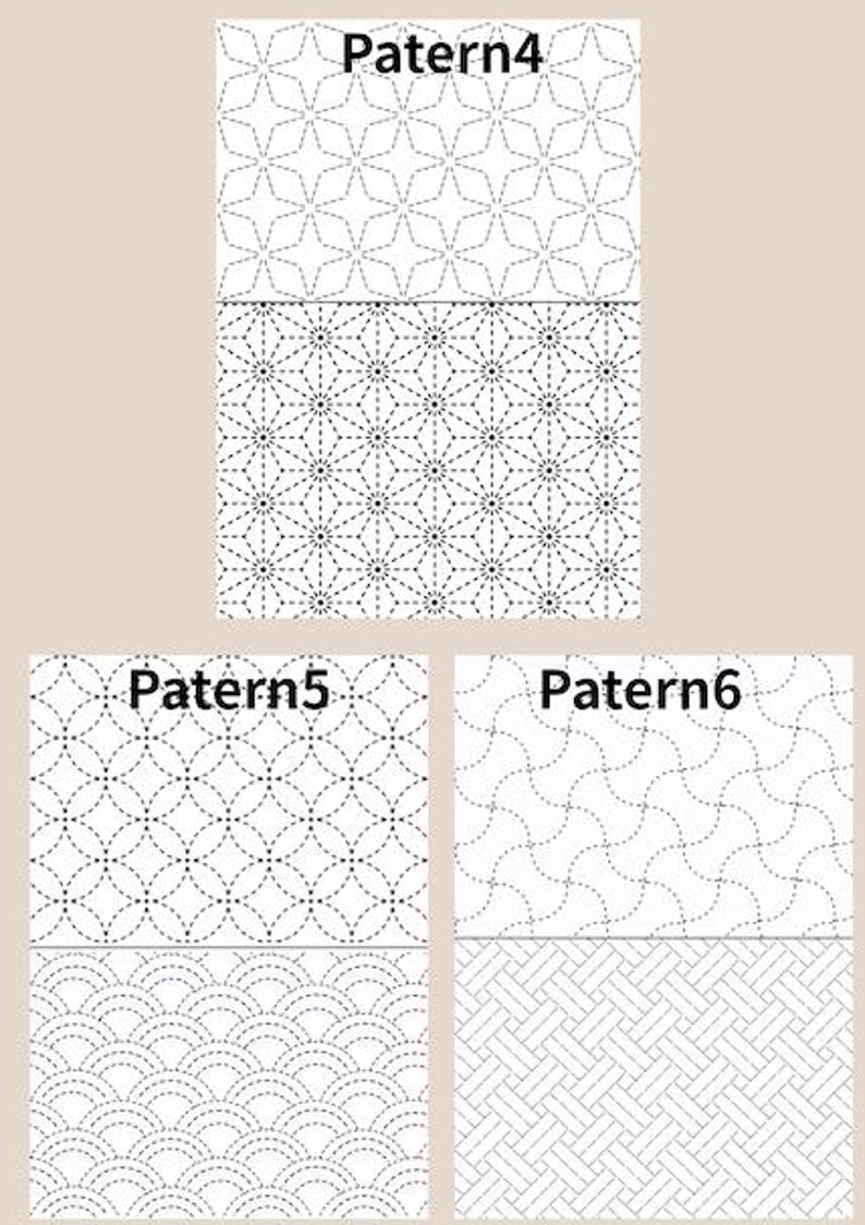 May include: A collection of six distinct geometric patterns labelled Patern4, Patern5, and Patern6. Each design features black dashed lines on a white background, showcasing star, hexagonal, circular, wave, and woven grid motifs in a grid layout.