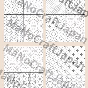 May include: A collection of square fabric panels featuring various black and white geometric patterns, including interlocking circles, star-like shapes, and wave motifs, all arranged in a grid layout with the text ManoCraftJapan overlaid.