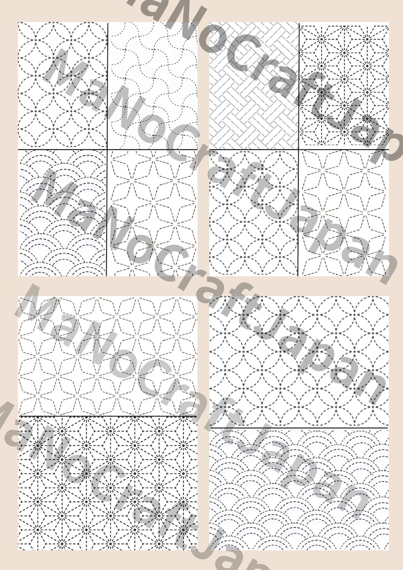 May include: A collection of square fabric panels featuring various black and white geometric patterns, including interlocking circles, star-like shapes, and wave motifs, all arranged in a grid layout with the text ManoCraftJapan overlaid.