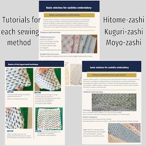K&ouml;nnte beinhalten: Eine Anleitung f&uuml;r Sashiko-Stickerei mit drei Abschnitten unter den Titeln Basic stitches for sashiko embroidery, Moyo-zashi und Hitome-zashi. Das Dokument enth&auml;lt Text, Diagramme und Fotos von Stoffen mit blauen, roten und gr&uuml;nen Stickereien.
