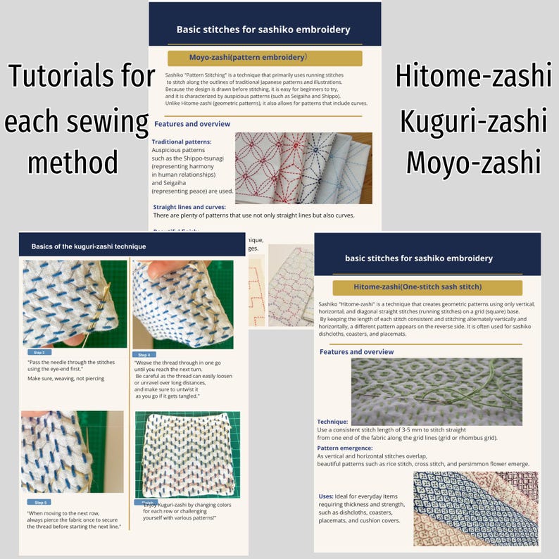 K&ouml;nnte beinhalten: Eine Anleitung f&uuml;r Sashiko-Stickerei mit drei Abschnitten unter den Titeln Basic stitches for sashiko embroidery, Moyo-zashi und Hitome-zashi. Das Dokument enth&auml;lt Text, Diagramme und Fotos von Stoffen mit blauen, roten und gr&uuml;nen Stickereien.