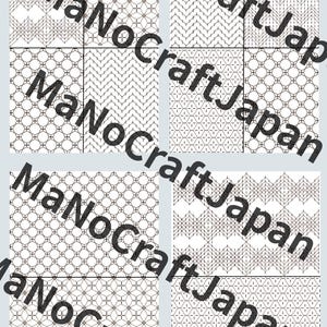 May include: A collection of nine geometric patterns in brown on a white background. The patterns include various shapes like circles, diamonds, and zigzags. The text "MaNoCraftJapan" is overlaid on the image.