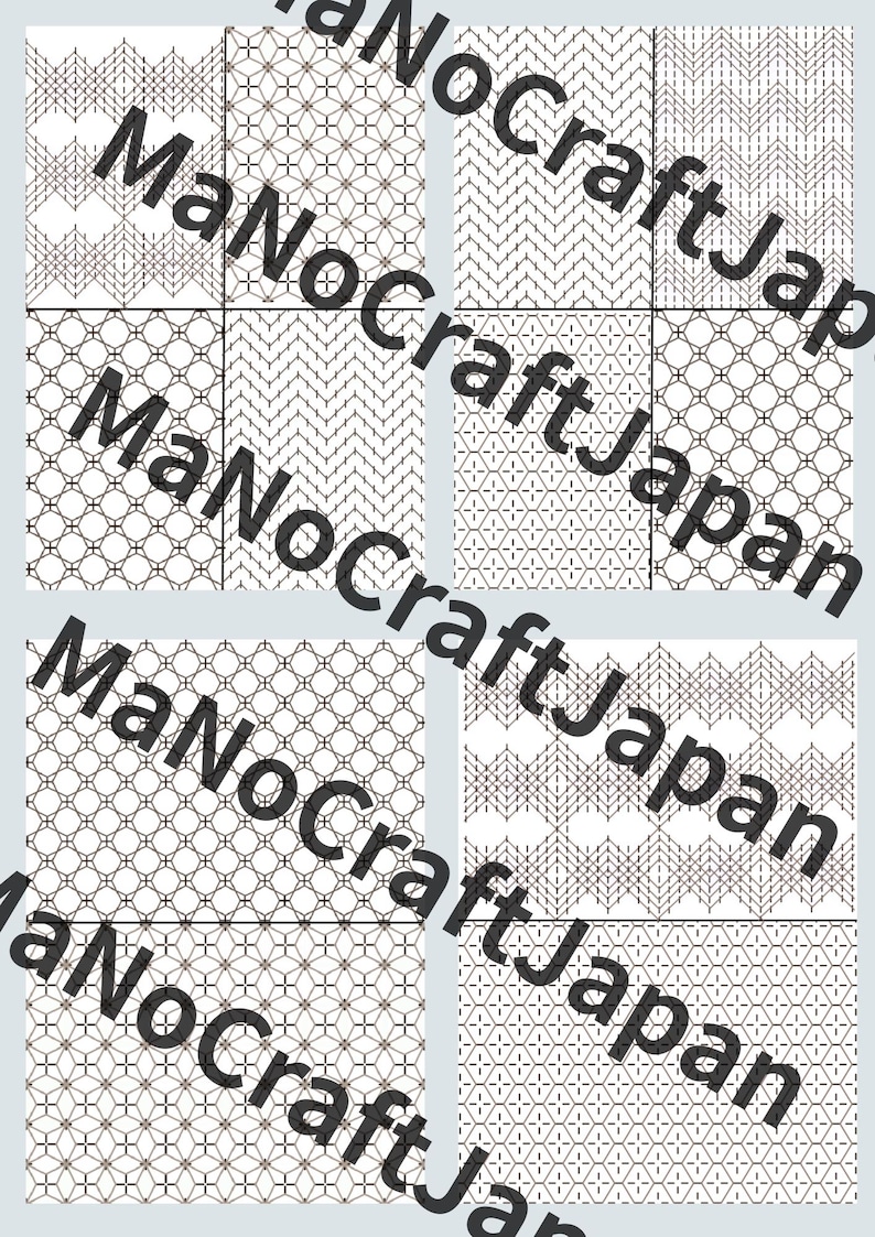 May include: A collection of nine geometric patterns in brown on a white background. The patterns include various shapes like circles, diamonds, and zigzags. The text "MaNoCraftJapan" is overlaid on the image.