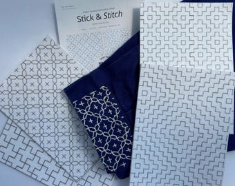 Stick and Stitch Sashiko Pattern Sheets - Hitomezashi Designs für Denim-Reparaturen, Visible Mending Stickereien, Wash Away Sashiko Patches A4