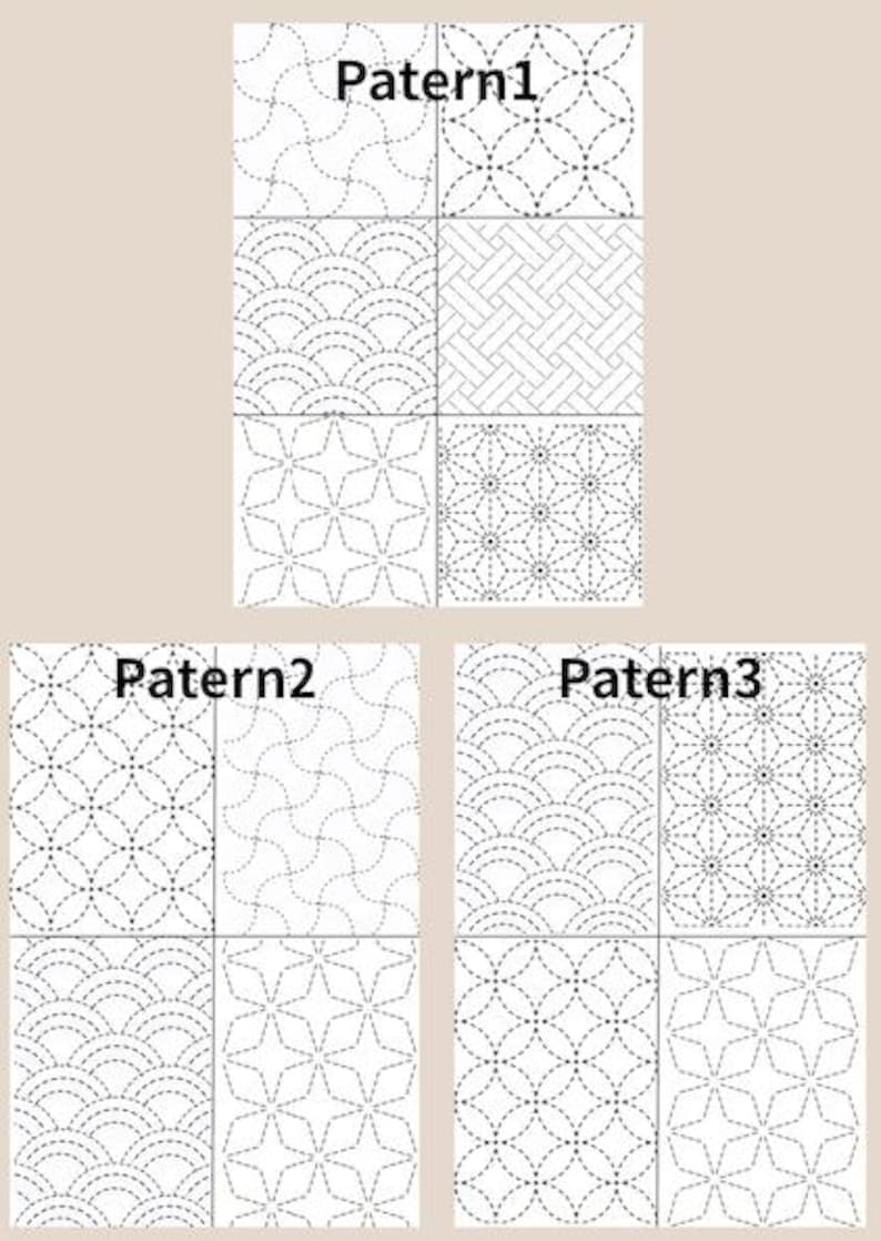 May include: A collection of three white sheets labelled Patern1, Patern2, and Patern3, each featuring a grid of six distinct black dashed geometric patterns including circles, waves, stars, and woven lines on a plain white background.