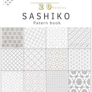 K&ouml;nnte beinhalten: Ein Hitomezashi 20 Patterns Sashiko Musterbuch mit einem Raster aus verschiedenen geometrischen Stickmustern in schwarzen Linien auf wei&szlig;em Hintergrund. Das Cover enth&auml;lt den Text Hitomezashi, 20 Patterns, SASHIKO, Patern book, Easy to print, 48P PDF BOOK.
