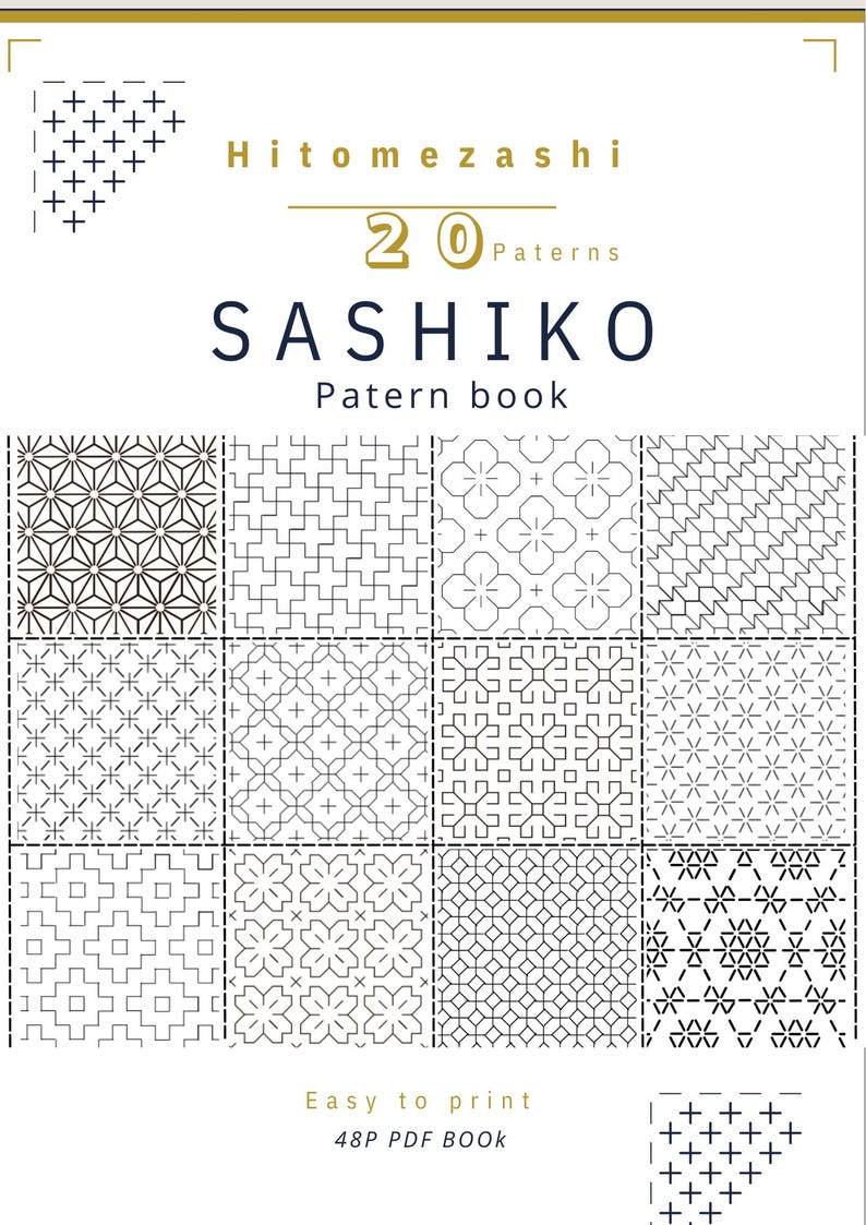K&ouml;nnte beinhalten: Ein Hitomezashi 20 Patterns Sashiko Musterbuch mit einem Raster aus verschiedenen geometrischen Stickmustern in schwarzen Linien auf wei&szlig;em Hintergrund. Das Cover enth&auml;lt den Text Hitomezashi, 20 Patterns, SASHIKO, Patern book, Easy to print, 48P PDF BOOK.